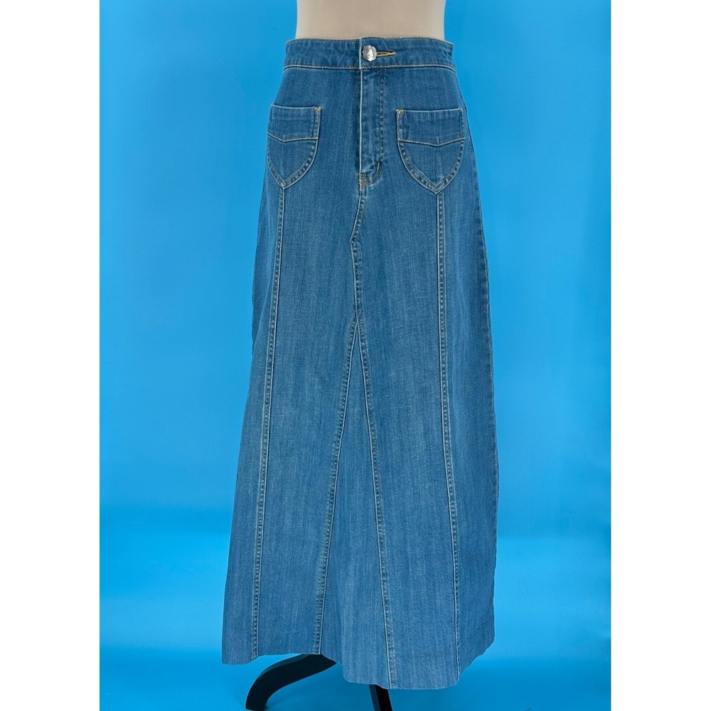 Style J Women Blue Denim Maxi Skirt Size 26 High Waisted A-Line Long Jean Skirt